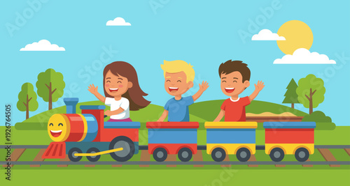 Three happy cartoon children riding a colorful toy train and waving their hands on a sunny day in a beautiful summer landscape with green trees and a blue sky
