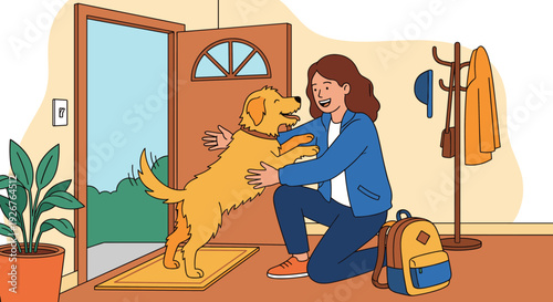 Happy woman hugging golden retriever dog excitedly greeting her at the open front door of a welcoming home entryway, depicted in a cheerful cartoon illustration style