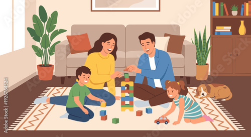 Happy family of four with children playing together with colorful wooden blocks on the floor in a cozy living room with a sleeping dog