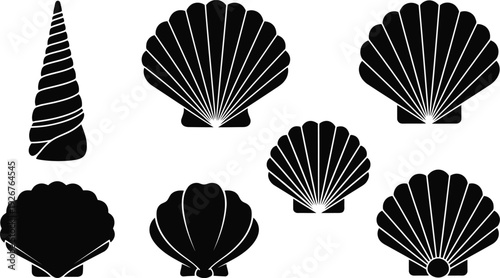 Collection of elegant black seashell silhouettes on white background