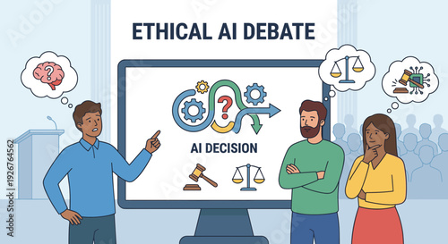 Ethical AI debate concept illustration showing people discussing technology, morality, and justice in front of a presentation screen with a decision-making diagram