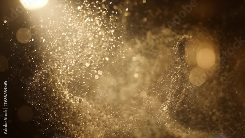 Abstract golden light and particles float, creating a shimmering effect against a dark background