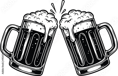 Two beer mugs cheering with foam and splash