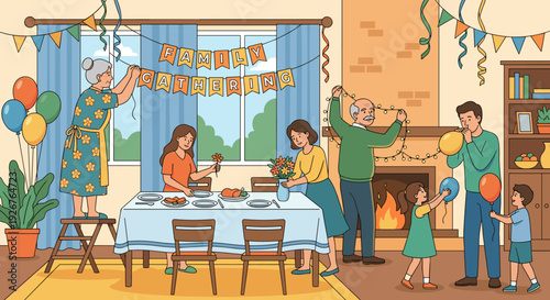 Happy multi-generational family with children decorating their cozy living room together for a festive gathering, hanging banners, string lights, and blowing up balloons