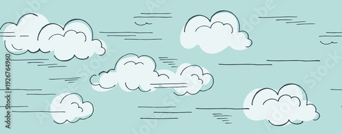 Sky wind background with fluffy hand drawn clouds in air