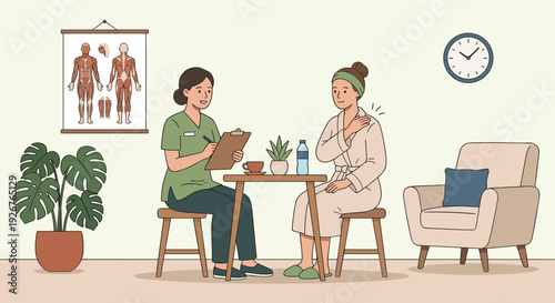 Female patient in a bathrobe describing shoulder pain to a female physiotherapist taking notes on a clipboard in a modern clinic office with an anatomy chart