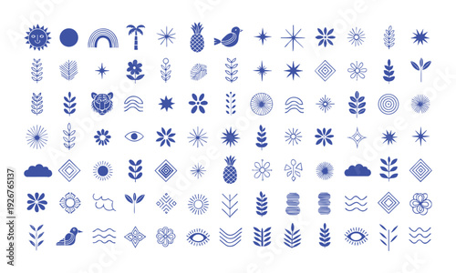 Boho folk art tropical symbols collection with animals celestial and nature elements vector illustration, easily editable.