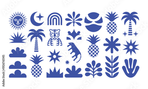 Folk tropical boho primitive icon set with sun moon animals plants and abstract shapes vector illustration, easily editable.