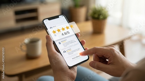 Customer leaving 5 star review on mobile app