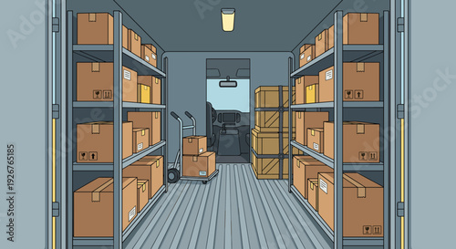 Illustrated interior of a delivery truck with cardboard boxes on metal shelves and a hand truck, showing a clean and organized cargo space for shipping and logistics