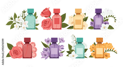 Eight colorful perfume bottles in two rows are surrounded by floral arrangements of roses jasmine and lilies on a plain white background.