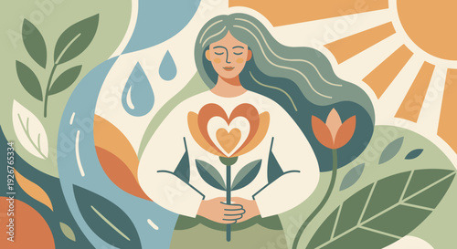 Serene illustrated woman with closed eyes holding a heart-shaped flower, surrounded by nature elements like the sun, water, and leaves in a harmonious flat vector style