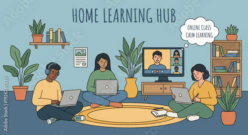 Three diverse young adults are actively engaged in online learning and remote work from a comfortable home environment, illustrated in a modern flat design