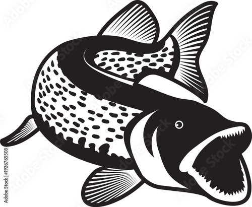 Salmon black logo. Fish emblem. Fisher catch