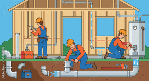 Three cartoon plumbers in hard hats installing and repairing the water pipe system in a cross-section view of a new house under construction