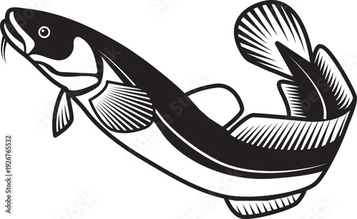 Marine fish black emblem. Jumping hake logo.