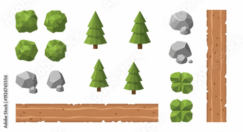 Game environment vector asset collection. Includes trees, bushes, rocks, and ground textures. Created in flat cartoon style with green and brown palette.
