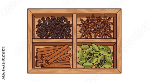 A wooden spice box with four compartments containing black peppercorns, star anise, cinnamon sticks, and green cardamom pods on a white background.