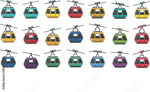 Cable Car Gondola Icon Set Featuring Colorful Aerial Tramway Cabins for Mountain Transport, Ski Resorts, Tourism, and Vector Illustration Design