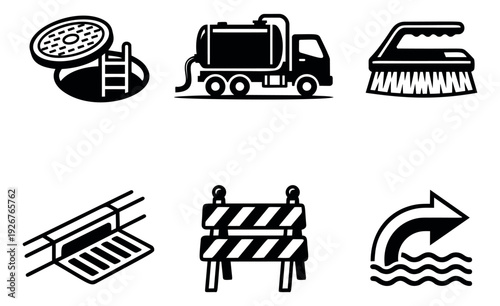 Line art utility and maintenance icons set featuring various tools and infrastructure components for sanitation and urban services