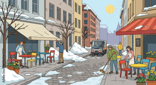 Charming illustrated city street scene showing the end of winter as people clean melting snow and prepare outdoor cafes for the first sunny day of spring