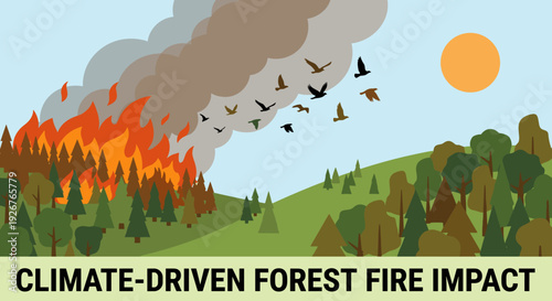 Destructive forest fire rages across a green hillside, sending thick smoke into the light blue sky as birds flee the inferno under a bright orange sun