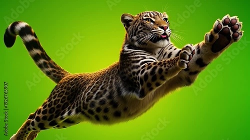 Dynamic Leopard in Motion with Green Background, Captivating Wildlife Scene for Nature Enthusiasts and Animal Lovers