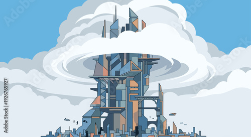 Massive futuristic city tower with complex angular architecture rises through a large swirling cloud above a sprawling metropolis in a clean vector illustration