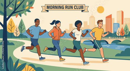 Diverse group of four friends jogging together on a path in a city park during a sunny morning, representing a healthy and active lifestyle illustration