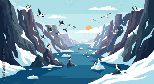 Arctic landscape illustration with puffins and seabirds flying and perched on snowy cliffs and icebergs in a fjord with a distant red ship under a pale sun
