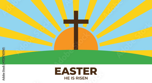 Christian cross silhouette on a green hill at sunrise with bright yellow sun rays radiating across a blue sky, representing the resurrection in a flat vector illustration style