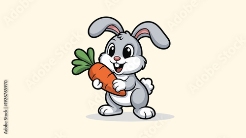 Cute gray bunny character happily holding a large carrot on a light background