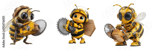 Set of Professional bee carpenter mascot posing with a circular saw detailed costume texture on transparent png background. Ai generated