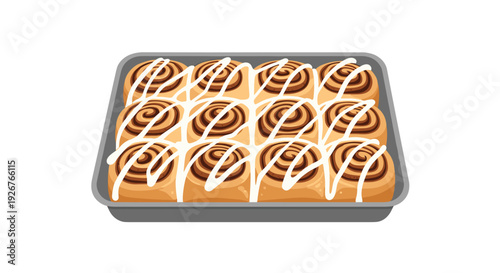 A grey rectangular baking pan filled with twelve golden brown cinnamon rolls drizzled with white icing is shown against a white background.