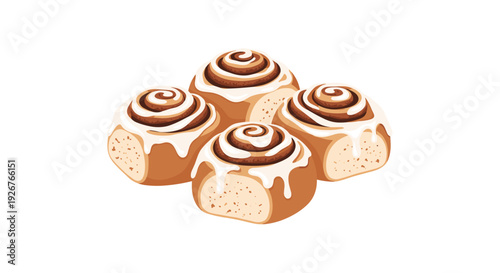 Four golden brown cinnamon rolls with dark swirls and dripping white icing are clustered together on a plain white background.