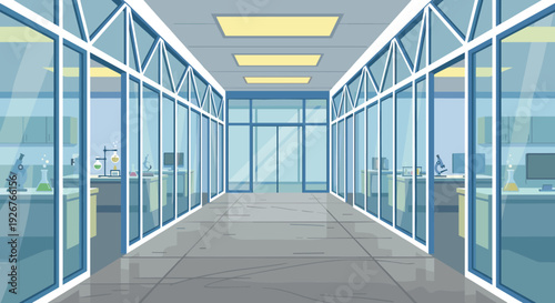 Modern scientific laboratory corridor with glass walls leading to research rooms with equipment, shown in a clean, flat vector illustration style with a one-point perspective