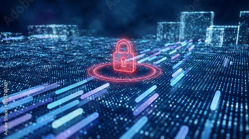 A glowing red padlock secures a futuristic digital landscape with neon lights and code streams in a cyber security concept
