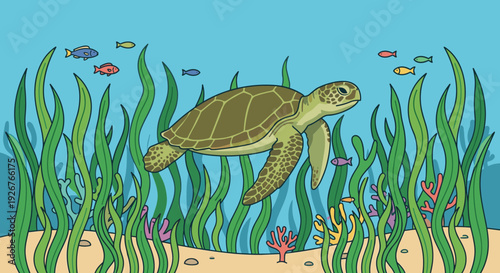 Beautiful green sea turtle illustration swimming in the ocean with colorful fish, seaweed, and coral on the seabed, a cute cartoon underwater wildlife scene for children