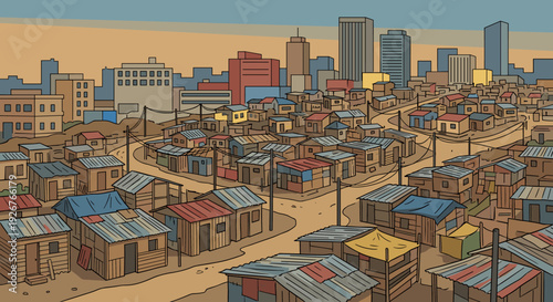 Dense shantytown illustration with makeshift shacks and corrugated metal roofs contrasts with a modern city skyline, depicting social inequality and poverty