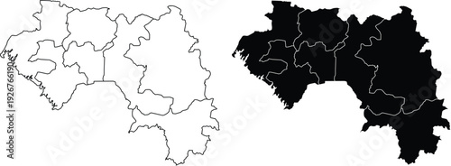 Guinea Map With Regions Outline And Solid Fill silhouette