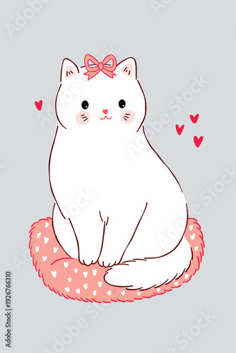 Cute white cat with pink bow sitting on a fluffy pink cushion and surrounded by tiny red hearts, perfect for Valentine's Day themes