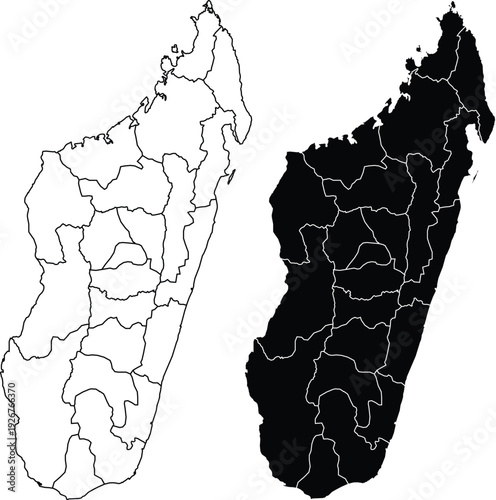 Madagascar map with internal regions outline and silhouette