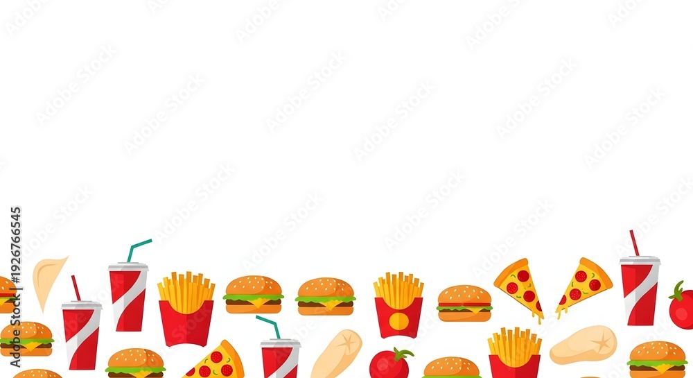 Fototapeta premium Takeout Food: Fast Food Border Pattern with Copy Space