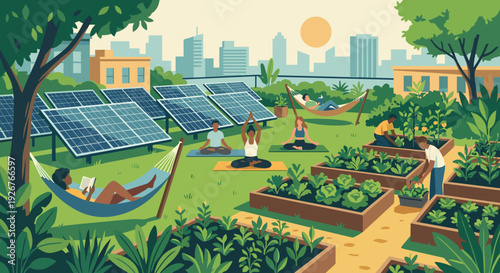 Vibrant urban rooftop garden with people practicing yoga, gardening, and relaxing among solar panels, illustrating a sustainable community lifestyle against a city skyline