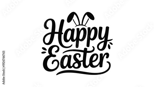 Happy easter greeting lettering design with bunny ears and decorative elements in black on white