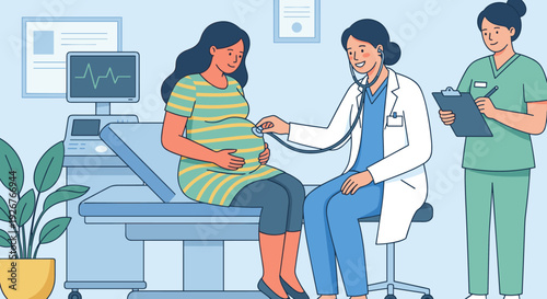 Pregnant woman receiving a prenatal examination from a female doctor with a stethoscope while a nurse takes notes in a modern clinic office illustration