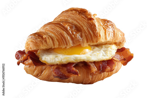 Delicious croissant sandwich with egg and bacon isolated on transparent background
