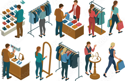 Fashion Boutique Shopping Scene  Isometric Vector of Clients and Sellers