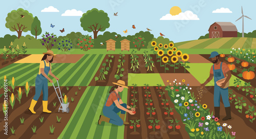 Diverse group of farmers working together on a large organic farm, planting seeds, harvesting vegetables, and cultivating crops like corn and sunflowers on a sunny day with a barn