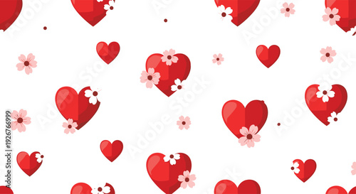 A seamless pattern of red shaded hearts and small pink and white cherry blossoms is distributed across a solid white background.